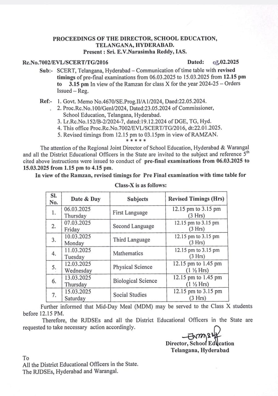 Telangana SSC Pre Final Exams Time Table 2025