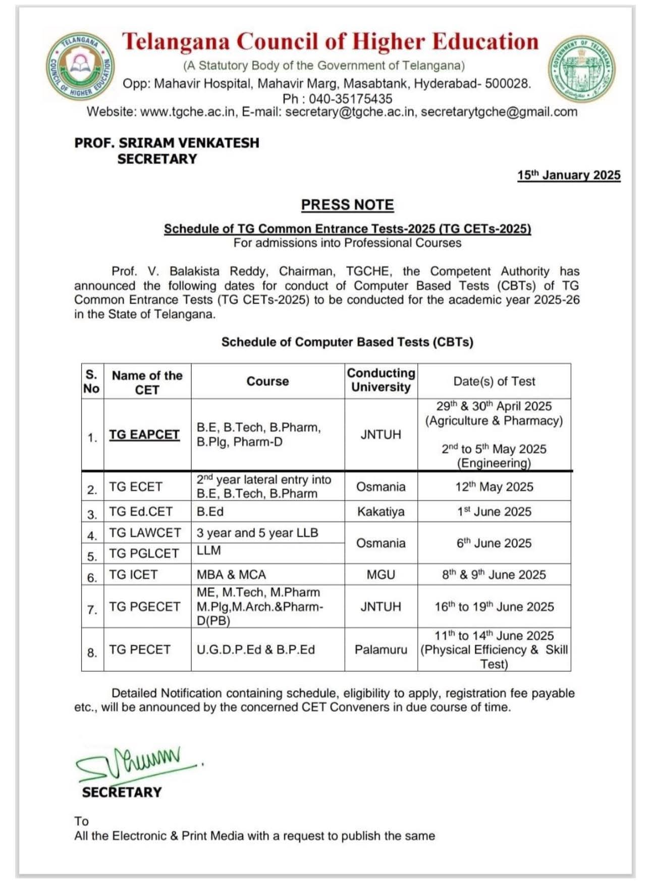 Telangana CETs Exam Dates